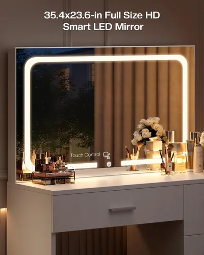 Miniatura 14 de LIVELYGLOW Escritorio de maquillaje con estación de carga y espejo LED, juego de tocador de 35.4 pulgadas con 4 cajones, 3 modos de iluminación