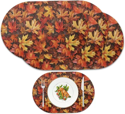 Miniatura 16 de Non Slip Placemats Set of 6 Pumpkin Mushroom Theme Waterproof Wipeable Faux Leather for Thanksgiving Family Feast Heat Resistant Dining Table Mats