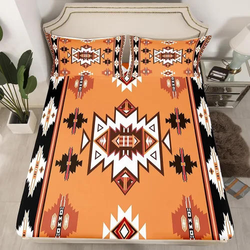 Miniatura 15 de Juego de ropa de cama occidental tamaño individual, sábanas aztecas, estilo nórdico exótico, bohemio, sábana bajera ajustable de tribu india