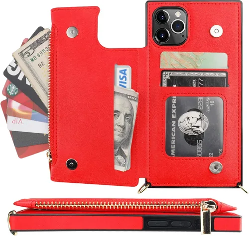 Miniatura 3 de Bocasal Funda tipo cartera cruzada para iPhone 11 Pro con tarjetero, protector de ranura para tarjetas con cremallera, a prueba de golpes, con Rojo
