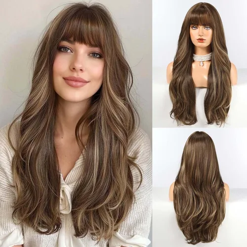 Miniatura 13 de HAIRCUBE Peluca larga rubia mezclada con marrón con flequillo, pelucas rizadas en capas para mujeres, pelucas sintéticas naturales para uso diario