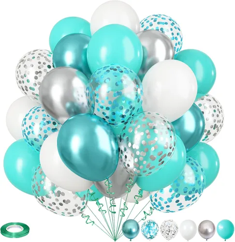 Globos de látex de confeti azul turquesa, azul claro, menta, verde, plateado y blanco, juego de globos de látex de confeti, azul aguamarina, blanco,