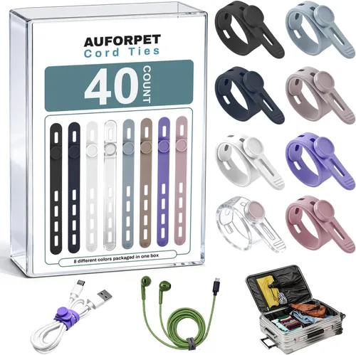 40 piezas de correas de silicona para cables, 8 colores reutilizables, cuerda elástica larga para electrónica, correas esenciales de viaje con caja