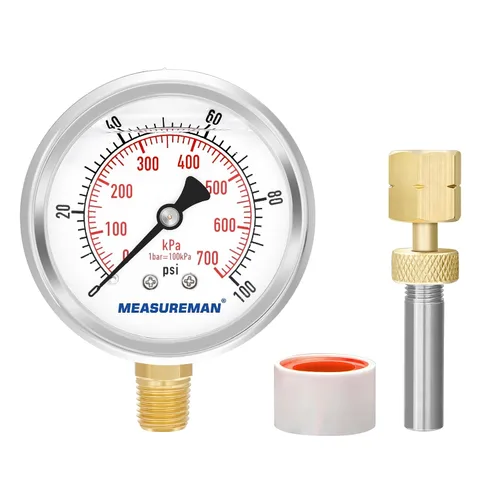 MEASUREMAN Medidor de presión relleno de líquido de 0-100 psi/kpa con adaptador de manómetro de latón 1/4NPT hembra, 2-1/2 OAL x 1-2/5 "x 1/8" sonda