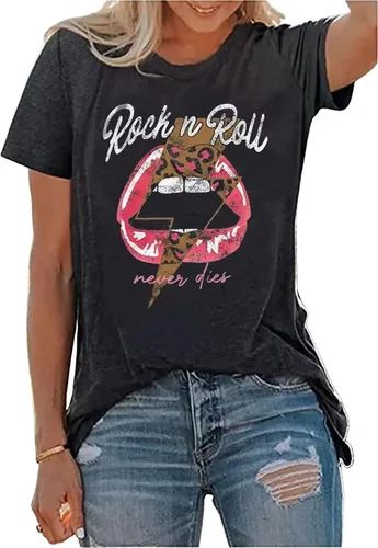Rock N Roll - Camiseta de manga corta para mujer, estilo vintage, con estampado de música country, con letras divertidas, estilo casual, de manga
