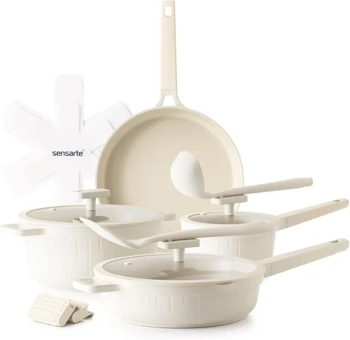SENSARTE Juego de batería de cocina de cerámica no tóxico de 14 piezas, juego de ollas y sartenes antiadherentes, apto para lavavajillas, cocina de