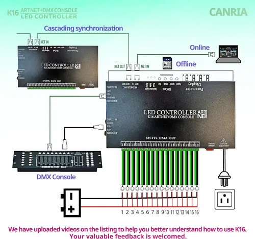 Miniatura 6 de Controlador LED de consola K16 ARTNET+DMX, control de iluminación profesional, adecuado para SPI TTL, en línea sin conexión, programable