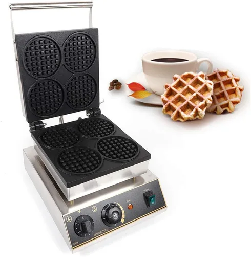 Máquina de hacer gofres comercial de acero inoxidable de 1750 W, máquina de panadería redonda de 110 V, máquina eléctrica para hacer gofres de acero