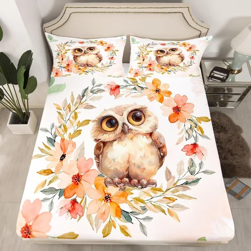Manfei Sábana bajera ajustable de búho de dibujos animados, tamaño individual, juego de ropa de cama de flores en acuarela de 2 piezas para Multi 09
