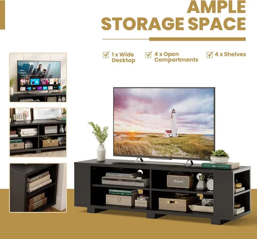 Miniatura 7 de KOTEK Soporte de TV de madera para televisores de hasta 65 pulgadas, mesa consola de TV con 8 estantes de almacenamiento abiertos, moderna mesa
