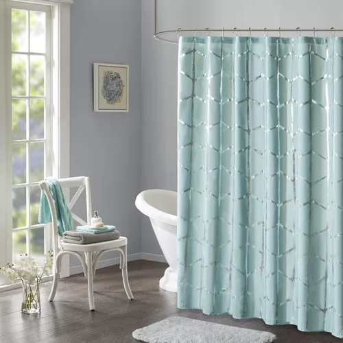 Miniatura 7 de Intelligent Design - Cortina de ducha Raina, estampado geométrico, lavable a máquina, moderna, para el cuarto de baño, estilo metalizado Gris