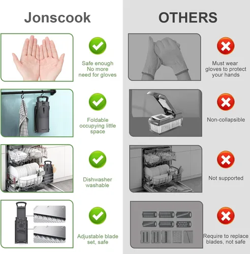 Miniatura 9 de Jonscook Rebanador de mandolina todo en uno seguro para cocina, picador de alimentos con contenedor, cortador de verduras con grosor ajustable