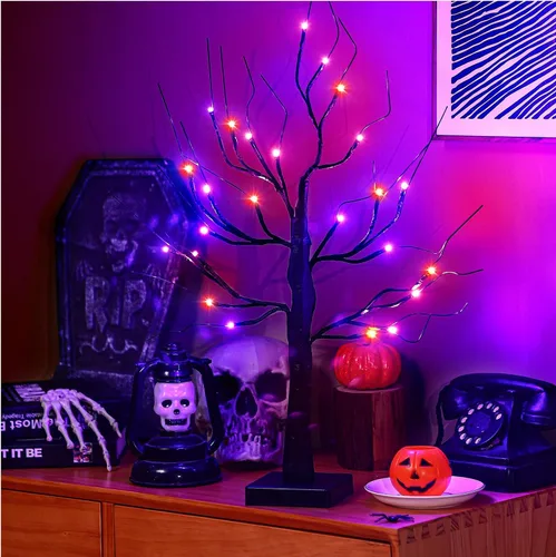 Miniatura 3 de Ganeen 2 piezas de decoración de Halloween para interiores de 24 pulgadas/2 pies iluminados naranja y morado árbol de abedules con temporizador, 48