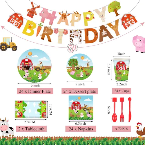 Miniatura 2 de Pajean 171 Piezas Decoraciones de Cumpleaños de Granja Suministros para Fiesta Temática de Animales de Feliz Cumpleaños para 24 Invitados Platos