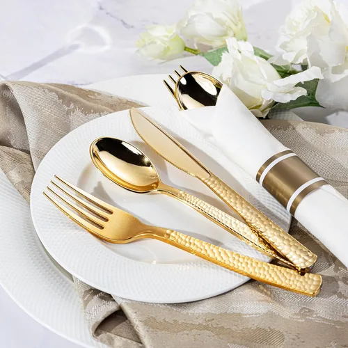 Miniatura 4 de WELLIFE Paquete de 50 cubiertos de plástico dorado, servilletas preenrolladas con cubiertos dorados, cubiertos martillados dorados desechables