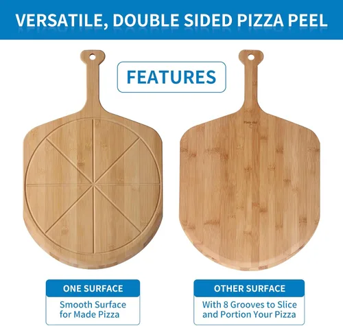 Miniatura 3 de Fiery Chef Pala de pizza de bambú de 12 pulgadas, tabla de cortar de madera ligera y lisa con 8 ranuras para rebanadas, accesorios para horno