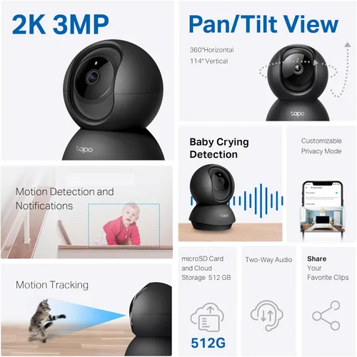 Miniatura 2 de Tapo TP-Link - Cámara de seguridad interior Pan/Tilt de 2K para monitor de bebé, cámara para mascotas, detección y seguimiento de movimiento, audio