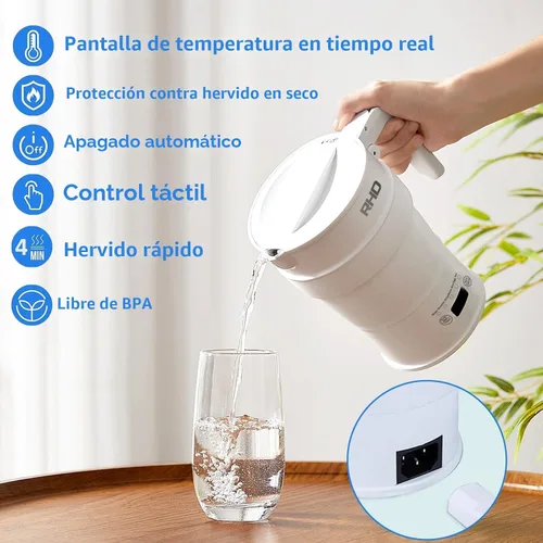 Miniatura 3 de Tetera eléctrica plegable de viaje, hervidor de agua caliente de 700ML con panel multifuncional, hervidor de agua pequeño plegable con mantener