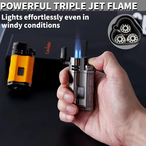 Miniatura 2 de Castelar Encendedor de cigarrillos de triple llama resistente al viento, recargable de butano con soporte de apoyo, butano no incluido Bronce/Negro