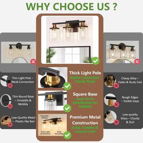 Miniatura 2 de DORESshop Lámparas de baño, 3 luces negras y doradas para baño sobre espejo con pantalla de vidrio transparente, luces de tocador para baño, Negro