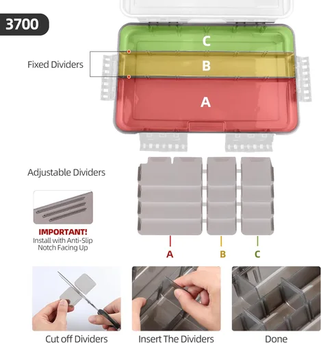 Miniatura 5 de RUNCL Caja de aparejos de pesca, impermeable, hermética, caja de aparejos de bandeja 3600/3700 con separadores ajustables, protección solar, marco 2