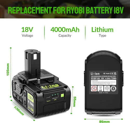 Miniatura 3 de Abeden Repuesto para batería Ryobi de 18 V, 1 paquete P108 de 4.0 Ah de alto rendimiento compatible con herramientas y cargadores ONE+ de 225+ 18V