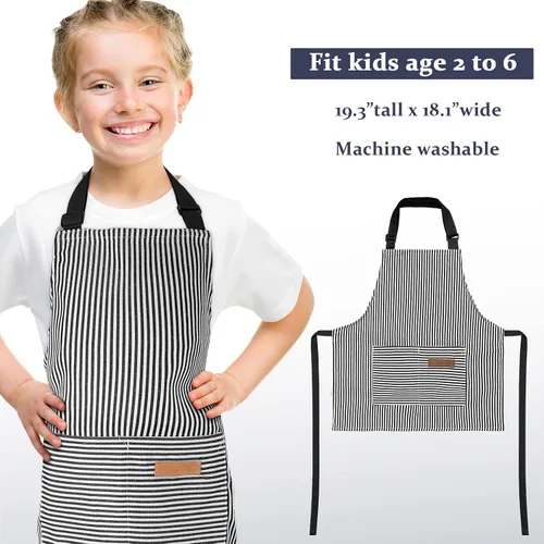 Miniatura 2 de Jiuguva 2 piezas de delantal para niños ajustable de algodón para niños pequeños con rayas de chef con 2 bolsillos para hornear para niños