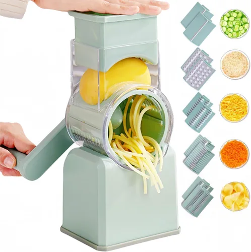 Rallador rotativo de queso con asa, trituradora de queso de cuchillas inoxidables reemplazables, cortador de verduras de queso multifuncional con