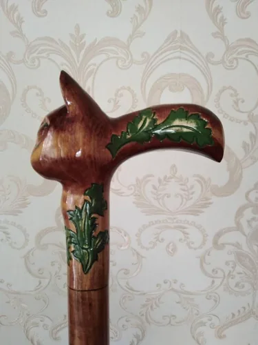 Miniatura 3 de Bastón de madera tallada con cabeza de gato antiguo, hermoso bastón plegable hecho a mano con mango de gato para hombres y mujeres, cómodo, la mejor
