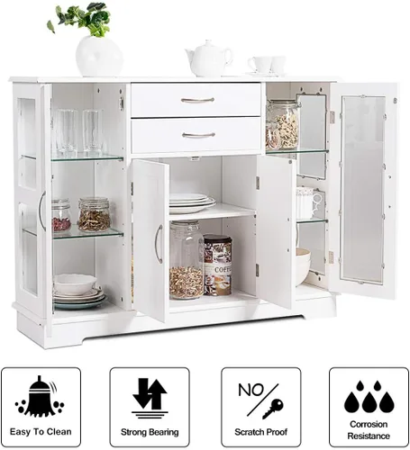 Miniatura 5 de Giantex - Aparador para servidor de buffet, armario de almacenamiento con 2 cajones, 3 gabinetes y puertas de cristal para cocina, comedor, mueble