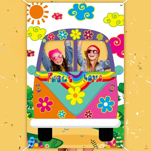 Miniatura 6 de Decoración de fiesta de autobús hippie de los años 60, decoración de fiesta de los años 60, tela grande, retro, Groovy Van Prop Hippie Selfie, telón