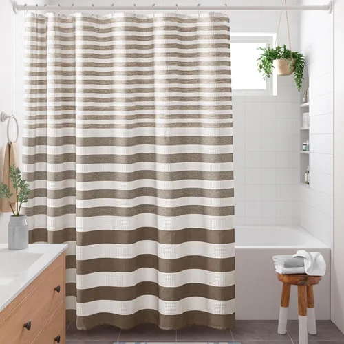 Miniatura 31 de Madison Park Cortina de ducha de tejido waffle con diseño a rayas en piezas, cortina de ducha de tela para baño con gestión de humedad 3M Rayas Taupe