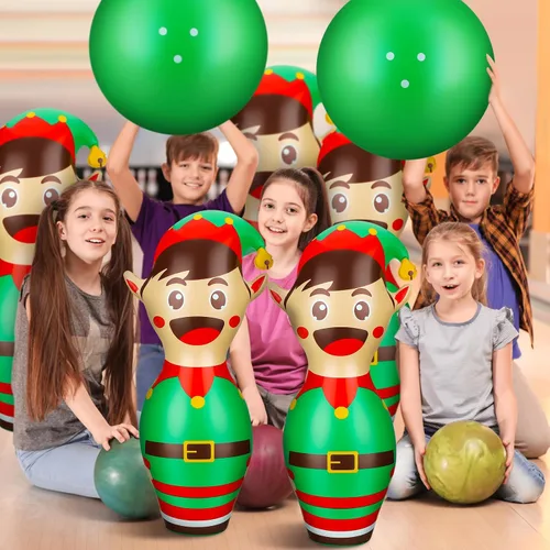Miniatura 5 de Wettarn Juego de bolos inflables gigantes de Navidad de 27 pulgadas, juego inflable de elfo para niños y adultos, juegos de fiesta de Navidad