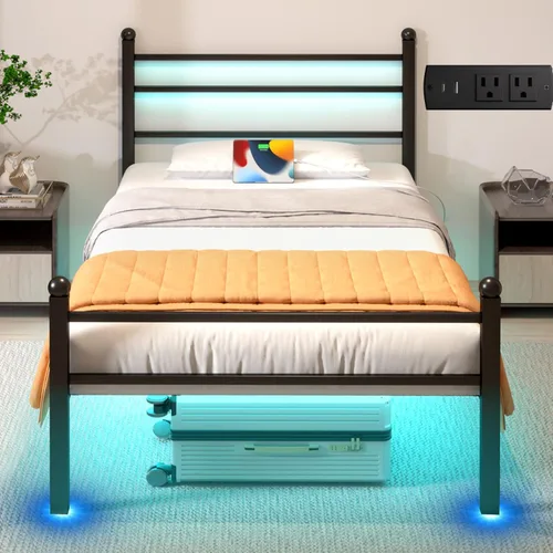 J.Fkne Marco de cama individual con luces LED y estación de carga, cama de plataforma de metal con cabecero, listones de metal resistentes, no