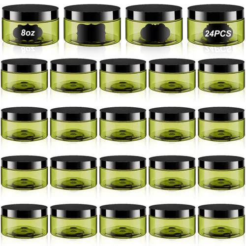 Miniatura 40 de Dandat 24 piezas 8 oz tarro de plástico con tapa y etiqueta recargable, contenedor redondo transparente vacío con muestras cosméticas PET blancas