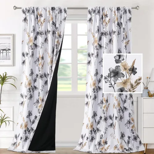 Miniatura 25 de H.VERSAILTEX Cenefas de cortina 100% opacas para ventanas de cocina, juego de 2 paneles de Cattleya con estampado floral Leah con aislamiento