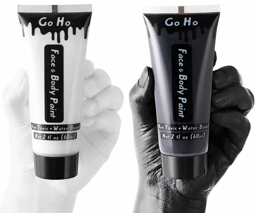 Go Ho Pintura facial y corporal en blanco y negro (4 onzas) para maquillaje de Halloween, a base de agua crema, blanco y negro, esqueleto de