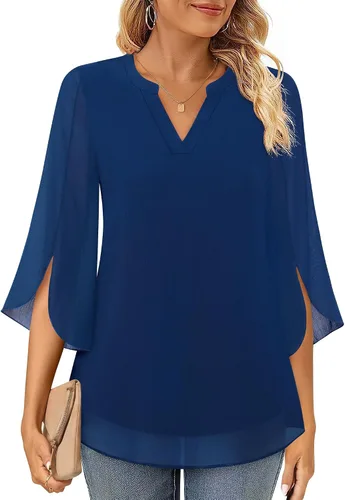 Miniatura 2 de Timeson Blusa de gasa de manga 34 para mujer, cuello en V, túnica elegante