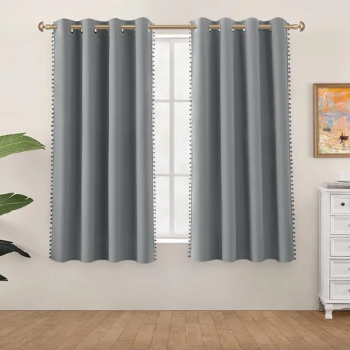 Miniatura 2 de HOMEIDEAS Cortinas opacas con pompones grises de 52 x 63 pulgadas de largo, con ojales, para oscurecer la habitación, 2 paneles para dormitorio