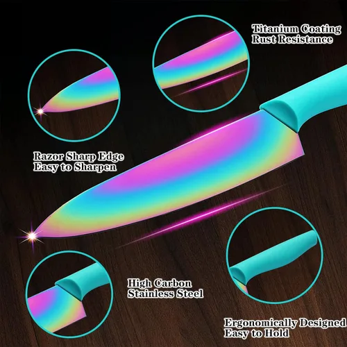 Miniatura 3 de KYA37B - Juego de cuchillos con cucharas, protectores de cuchillas y cucharas medidoras, Marco Almond® Rainbow Color 17 piezas de cuchillos