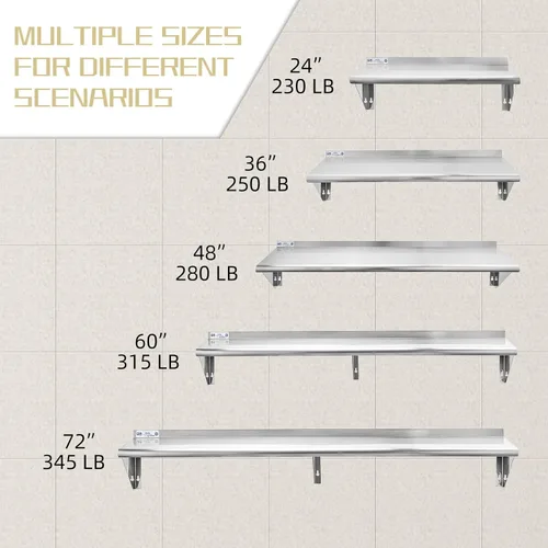 Miniatura 7 de Hally Estante de acero inoxidable de 12 x 48 pulgadas, 280 libras, estante flotante de montaje en pared comercial NSF para restaurante, cocina