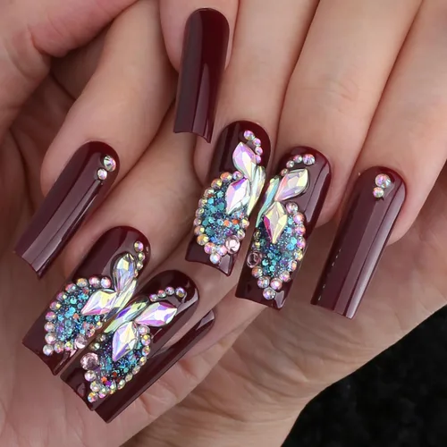 Miniatura 23 de Uñas postizas largas a presión, cuadradas, francesas, nude, rosa, lazo de lujo y diamantes de imitación de flores 3D, 24 unidades, uñas brillantes