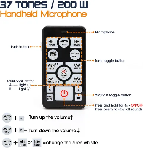 Miniatura 5 de Sistema PA de sirena de emergencia de advertencia policial de 12 V, 400 W, 37 tonos, [bocina de altavoz delgada] [micrófono de mano] [manos libres]
