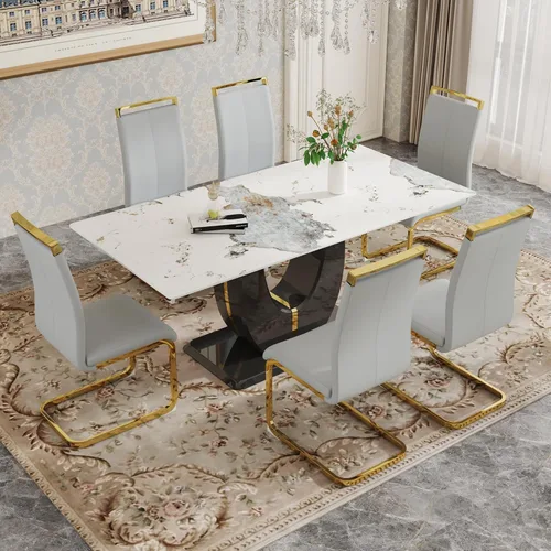 Miniatura 46 de Juego de 6 sillas de mesa de comedor para 6, juego de 6, moderno juego de comedor con mesa de comedor de mármol de 63 pulgadas, sillas tapizadas