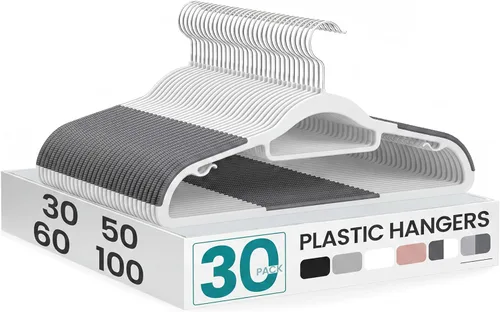 Miniatura 12 de SONGMICS Paquete de 100 perchas para abrigos, perchas de plástico que ahorran espacio, antideslizantes, 0.5 cm de grosor, 42 cm de ancho, gancho