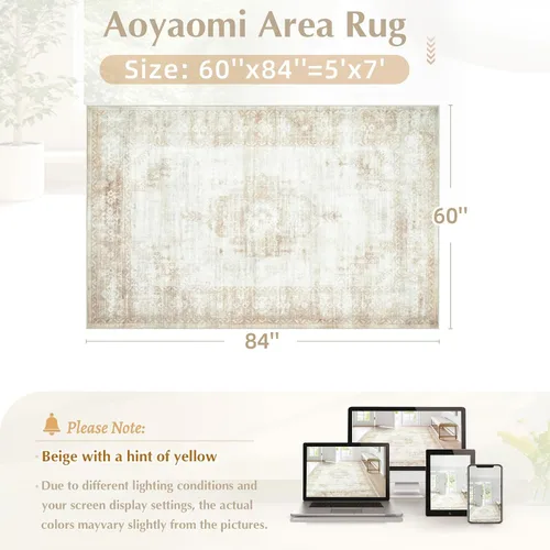 Miniatura 2 de Aoyaomi Alfombra de Área Vintage para Sala de Estar - 5x7 Grande Lavable a Máquina Boho Marroquí Desgastada Alfombras Estilo Granja para Dormitorio