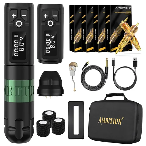 Miniatura 8 de Ambition Kit de máquina de tatuaje inalámbrica soldado, kit completo de bolígrafo de tatuaje con motor rotativo sin núcleo, batería extra de 2400