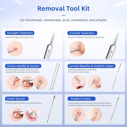 Miniatura 3 de Kit de herramientas para reventar espinillas, 7 piezas profesionales de acero inoxidable para eliminar espinillas Extractoras de comedones