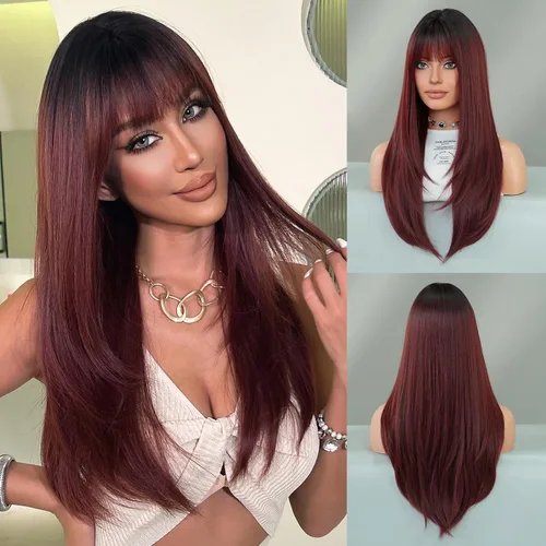 Miniatura 14 de PARK YUN 27IN Cool Ash Platinum Blonde Straight Wig with Bangs Long Layered Synthetic Wig Shadow Root Light Beige Blonde Hair Heat Resistant Natural