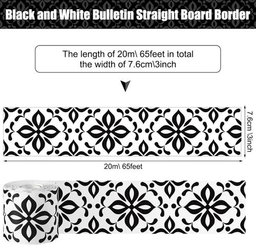 Miniatura 2 de Zonon Bordes de tablón de anuncios en blanco y negro de 65 pies, 1 rollo de tablón de anuncios, bordes rectos para decoración de regreso a clases